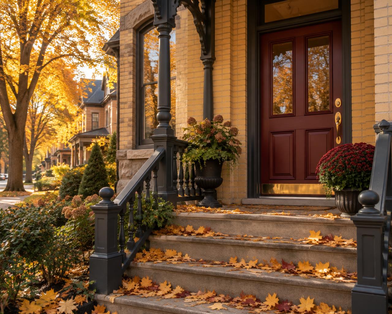 Burgundy front door with brass lock on a yellow-brick Victorian home in London, Ontario
